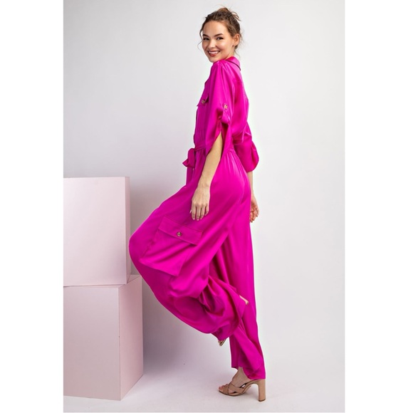 200 • Fuchsia Pink Satin Palazzo Jumpsuit - Picture 3 of 10